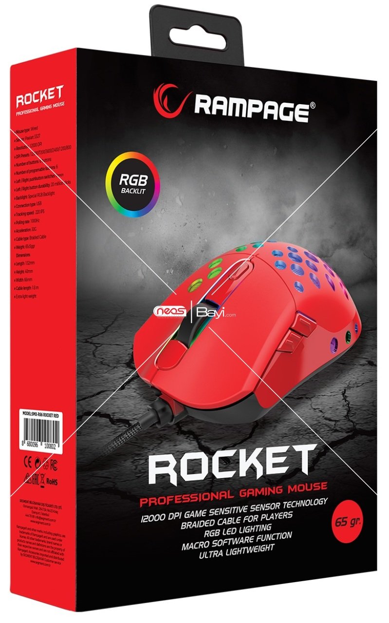 Rampage SMX-R66 ROCKET Ultra Hafif Kırmızı RGB Ledli 12000dpi Gaming Oyuncu Mouse
