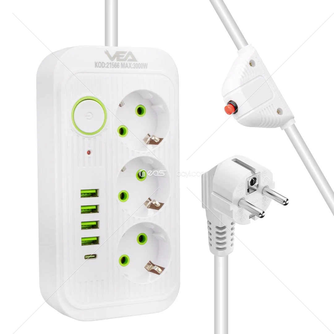 Vea VA-21566 3'lü 4 USB'li 1.5 Metre Akım Korumalı Priz Beyaz