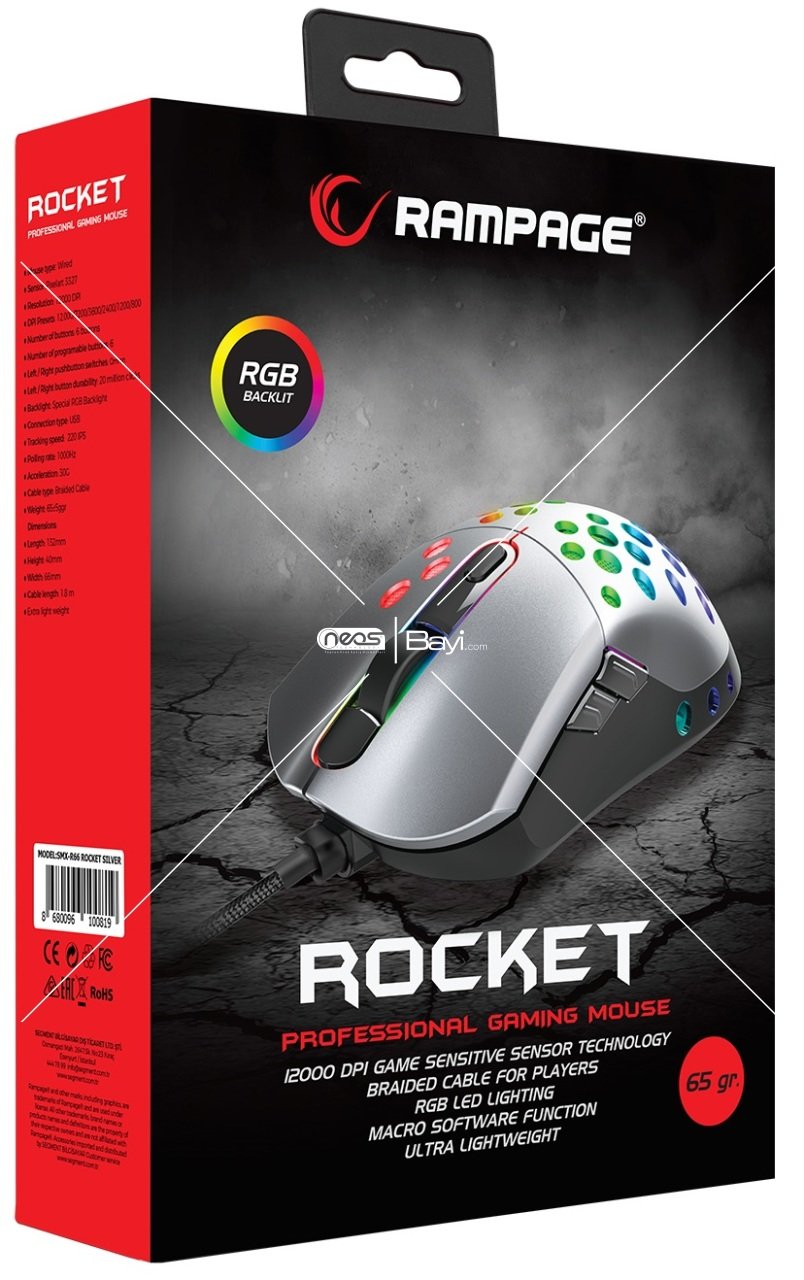 Rampage SMX-R66 ROCKET Ultra Hafif Gümüş RGB Ledli 12000dpi Gaming Oyuncu Mouse
