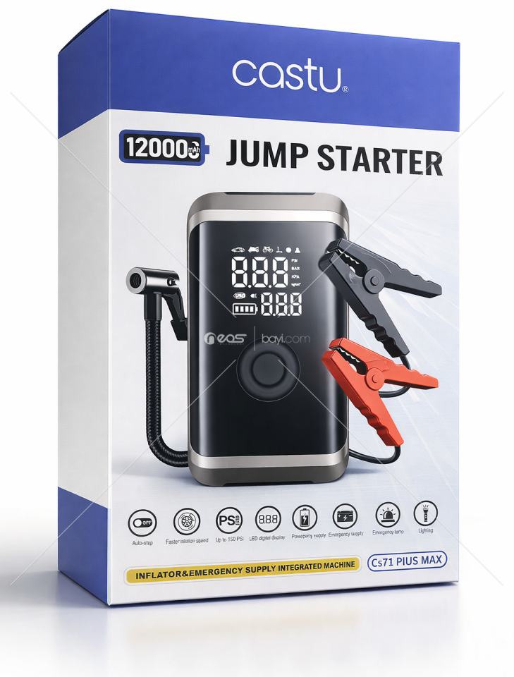 PowerStart Pro 12000 mAh Jump Starter – Akü Takviye + 150 PSI Hava Kompresörü + Powerbank + LED Acil Işık