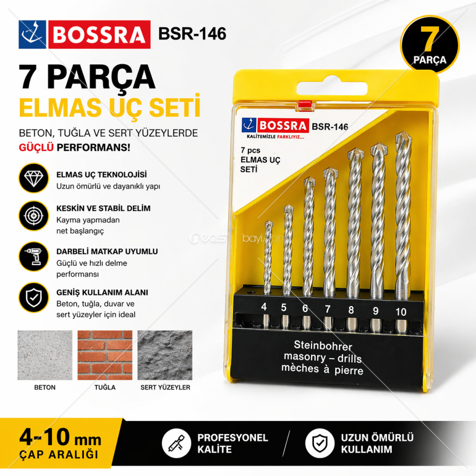 BOSSRA BSR-146 7 Parça Elmas Uç (Beton & Duvar Matkap Uç Seti)