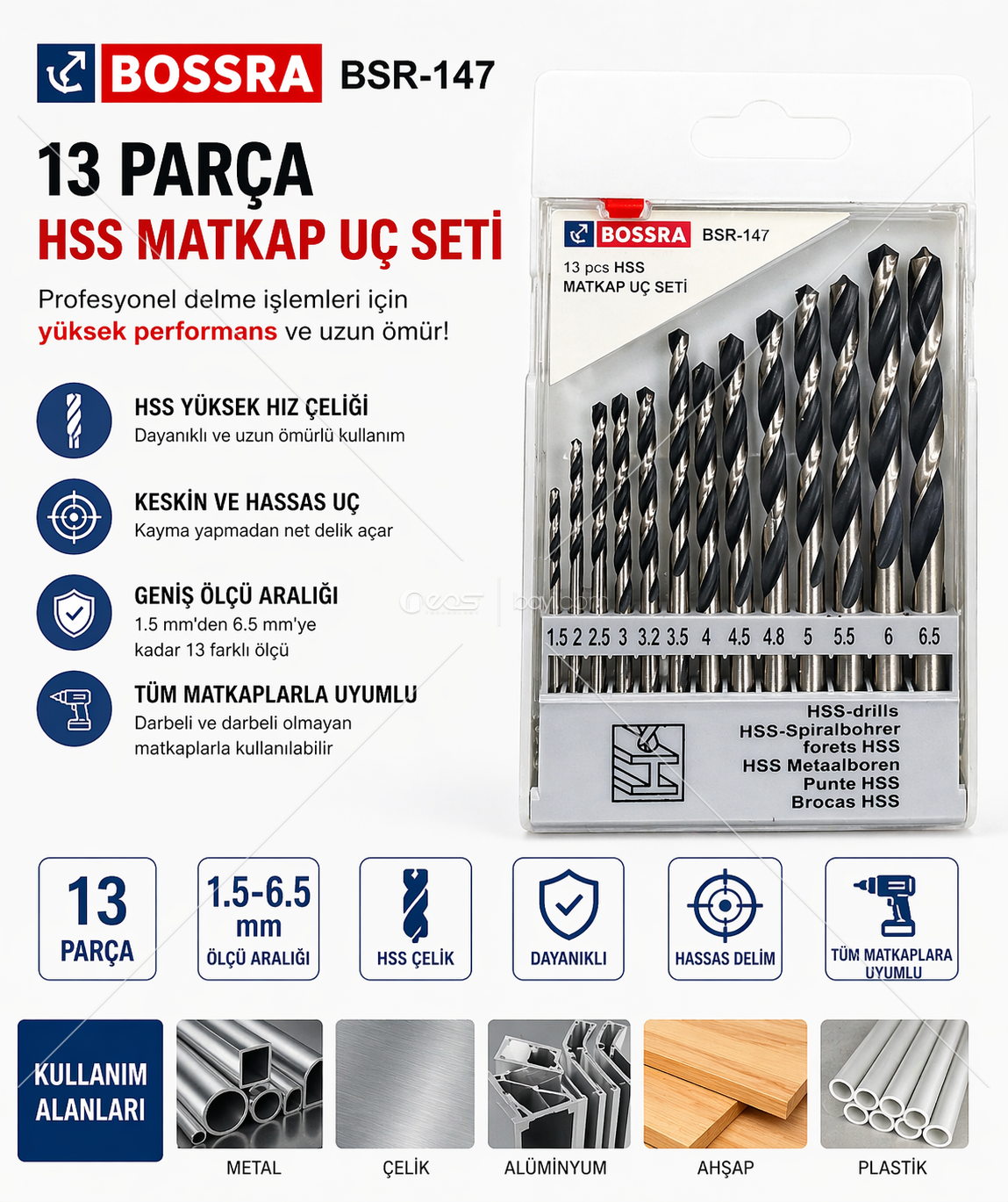 BOSSRA BSR-147 13 Parça Elmas Uç (Beton & Duvar Matkap Uç Seti)