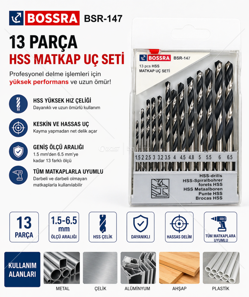 BOSSRA BSR-147 13 Parça Elmas Uç (Beton & Duvar Matkap Uç Seti)
