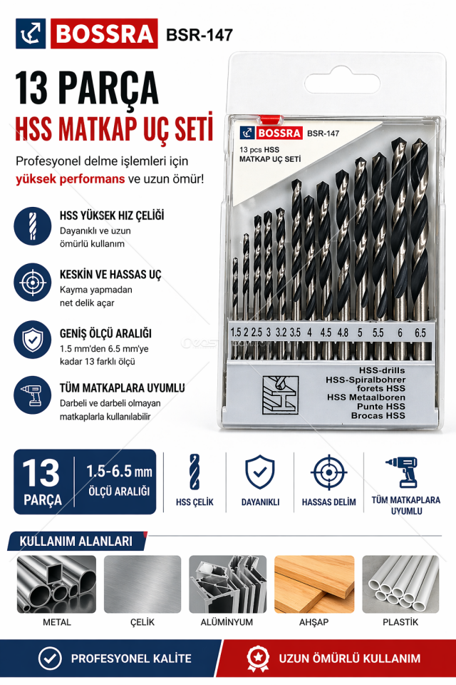 BOSSRA BSR-147 13 Parça Elmas Uç (Beton & Duvar Matkap Uç Seti)