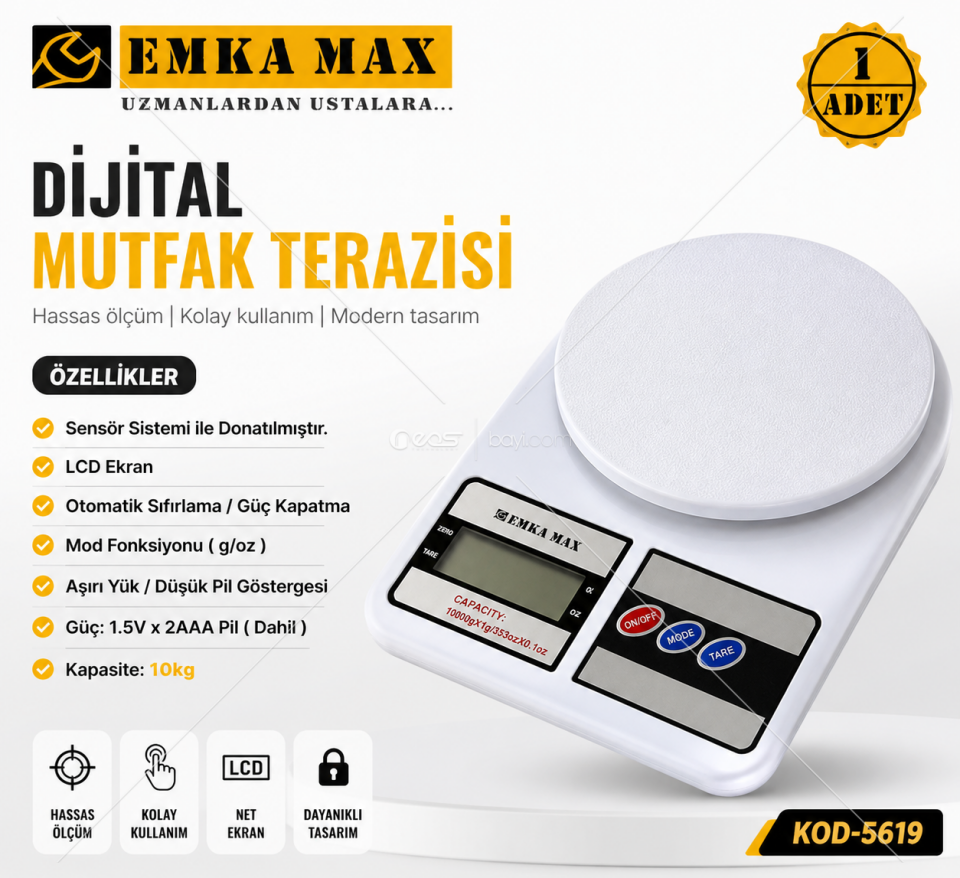 EMKA MAX KOD-5619 Dijital Mutfak Terazisi 10kg Hassas Ölçüm LCD Ekranlı
