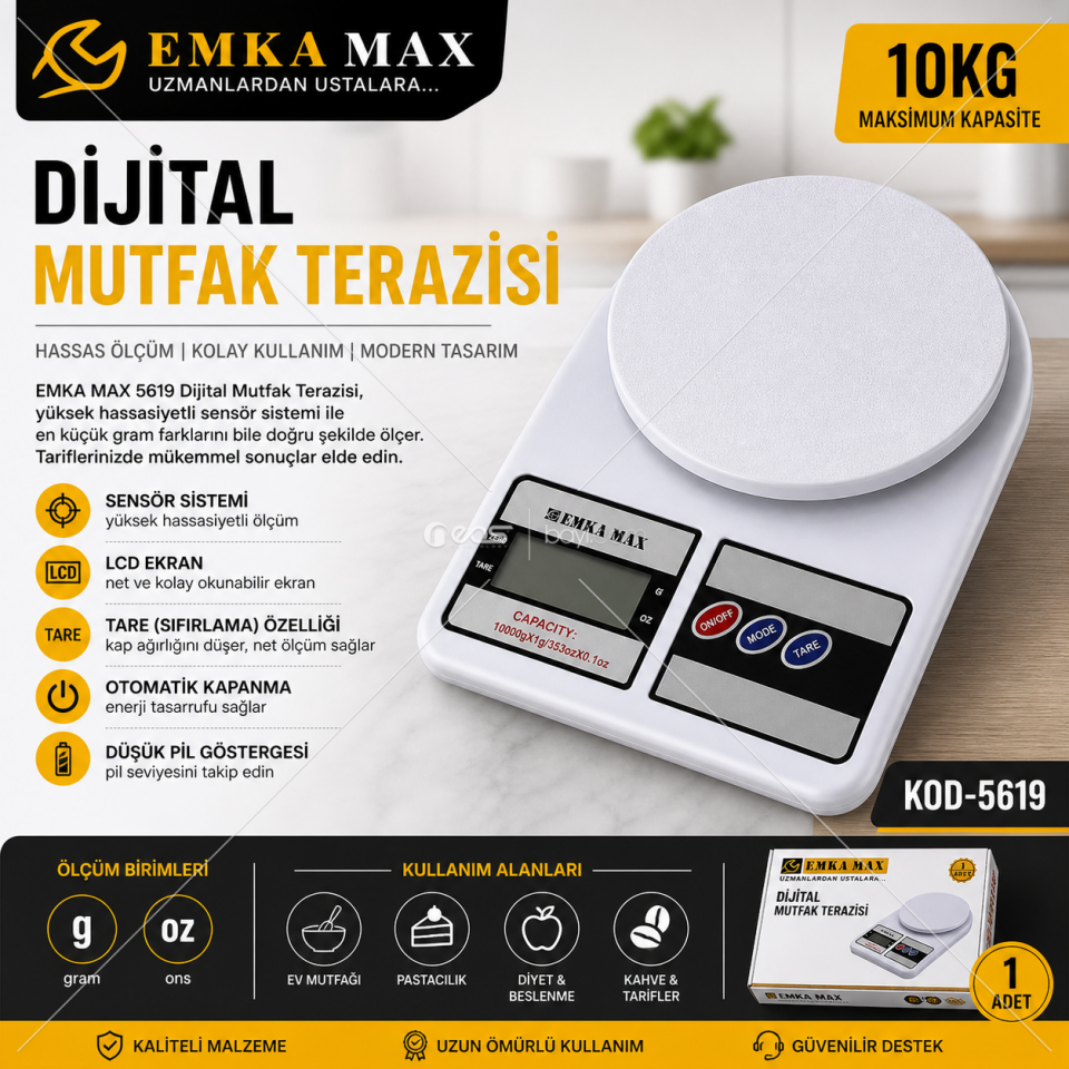 EMKA MAX KOD-5619 Dijital Mutfak Terazisi 10kg Hassas Ölçüm LCD Ekranlı