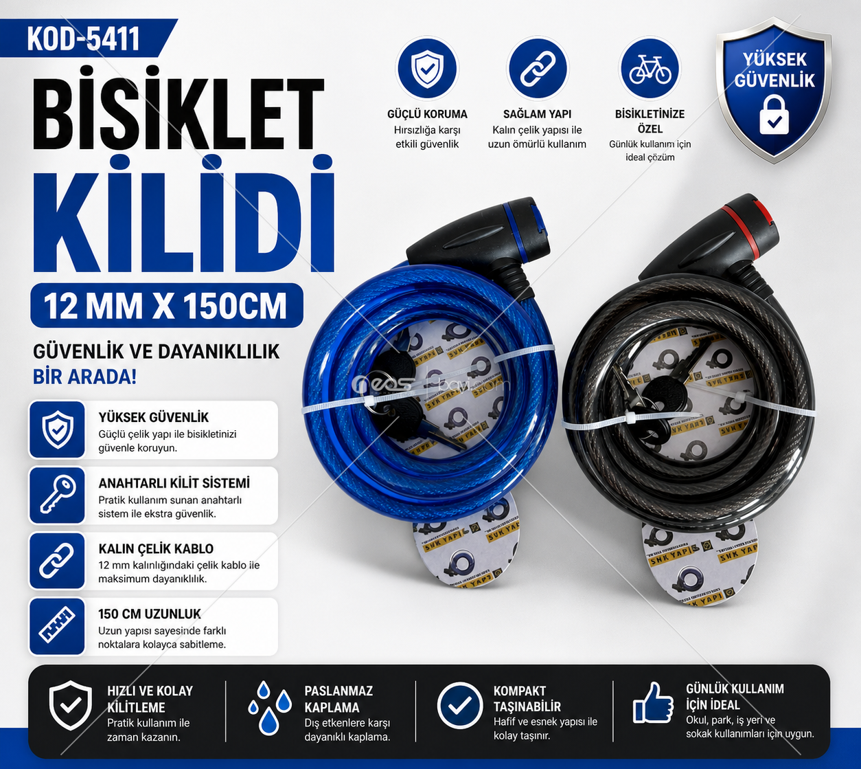ProSteel 12mm Çelik Kablolu Bisiklet Kilidi – 150 cm Güvenlik Kilidi (Kod: 5411)