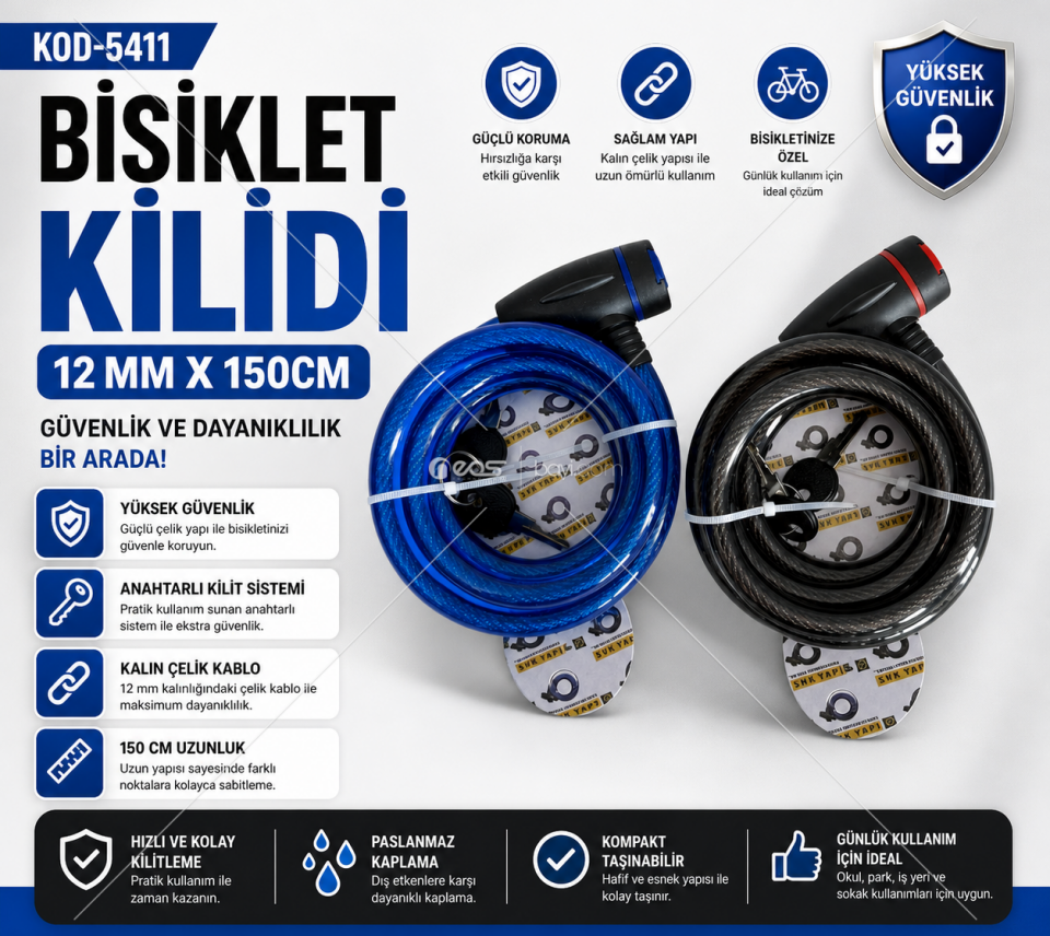 ProSteel 12mm Çelik Kablolu Bisiklet Kilidi – 150 cm Güvenlik Kilidi (Kod: 5411)