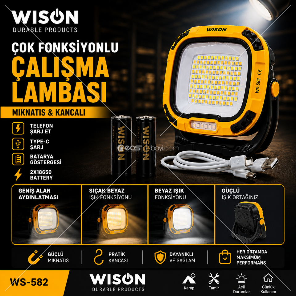 WISON WS-582 Çok Fonksiyonlu Şarjlı Çalışma Lambası
