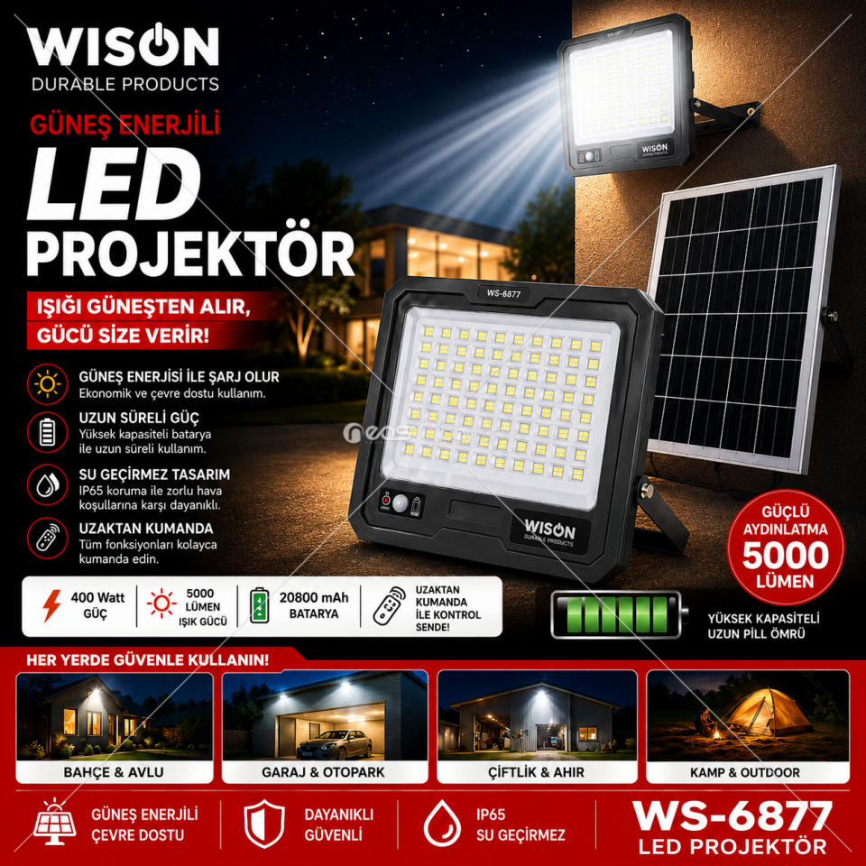 WISON WS-6877 Güneş Enerjili LED Projektör