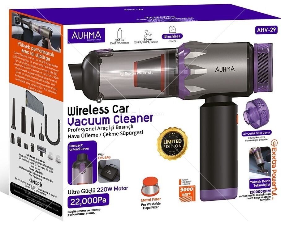Auhma AHV-29 Kablosuz Araç Süpürgesi 220W 22000Pa Güçlü Vakum & Üfleme Özellikli Şarjlı Oto Süpürge