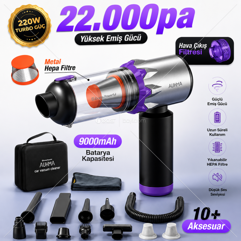 Auhma AHV-29 Kablosuz Araç Süpürgesi 220W 22000Pa Güçlü Vakum & Üfleme Özellikli Şarjlı Oto Süpürge