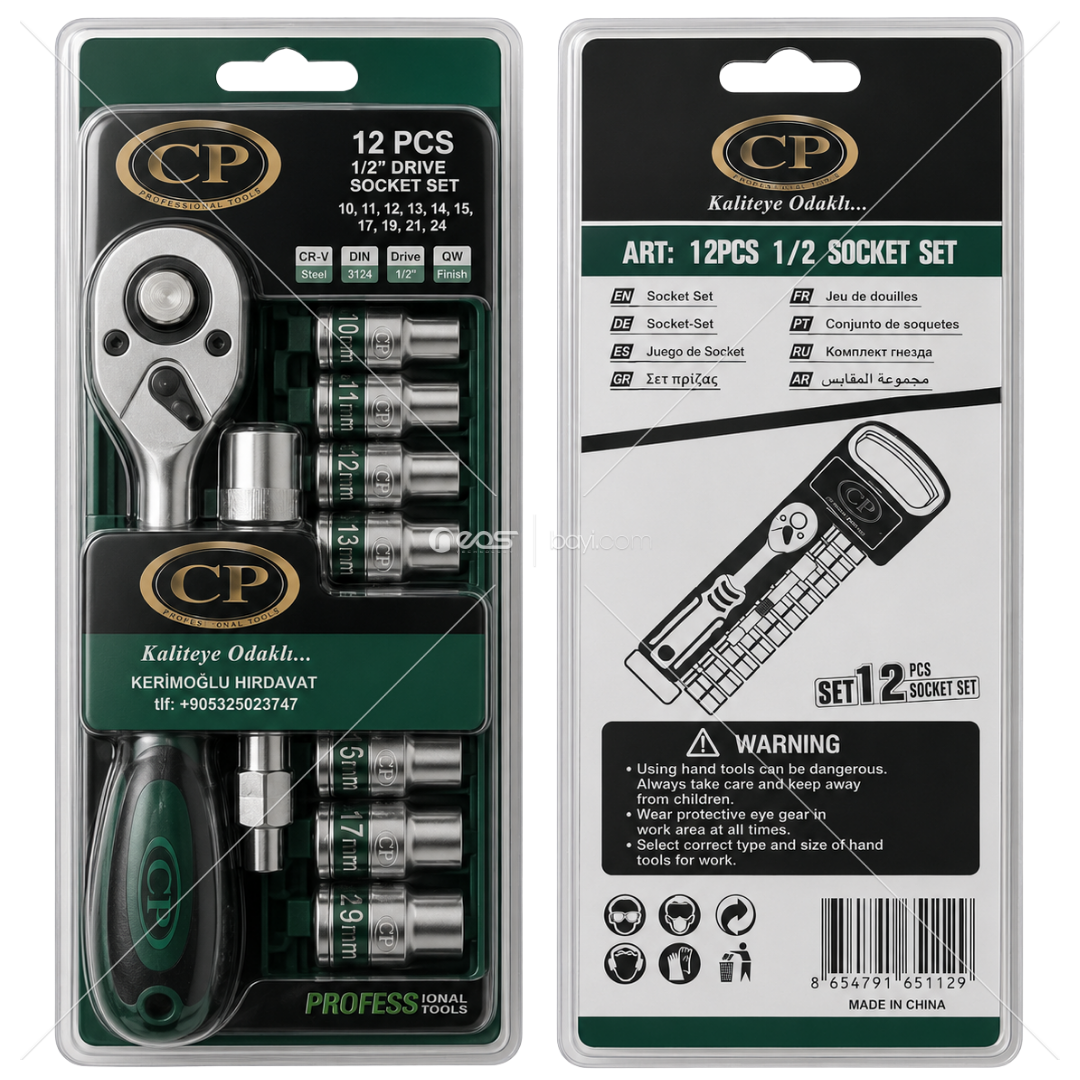 CP 12 Parça 1/2'' Lokma Anahtar Seti – Cırcırlı Kol ve Lokma Takımı