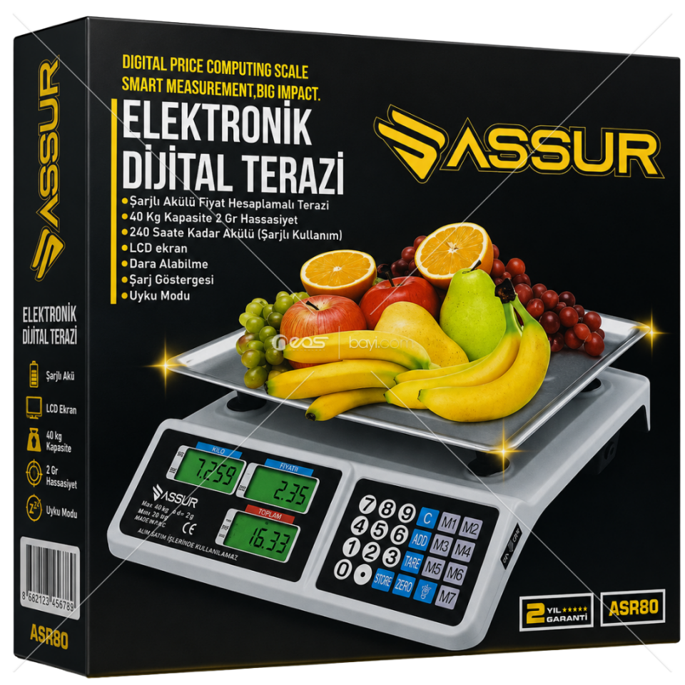 ASSUR ASR80 Elektronik Dijital Terazi 40 Kg / 2 Gr Hassasiyetli Şarjlı Fiyat Hesaplamalı Terazi