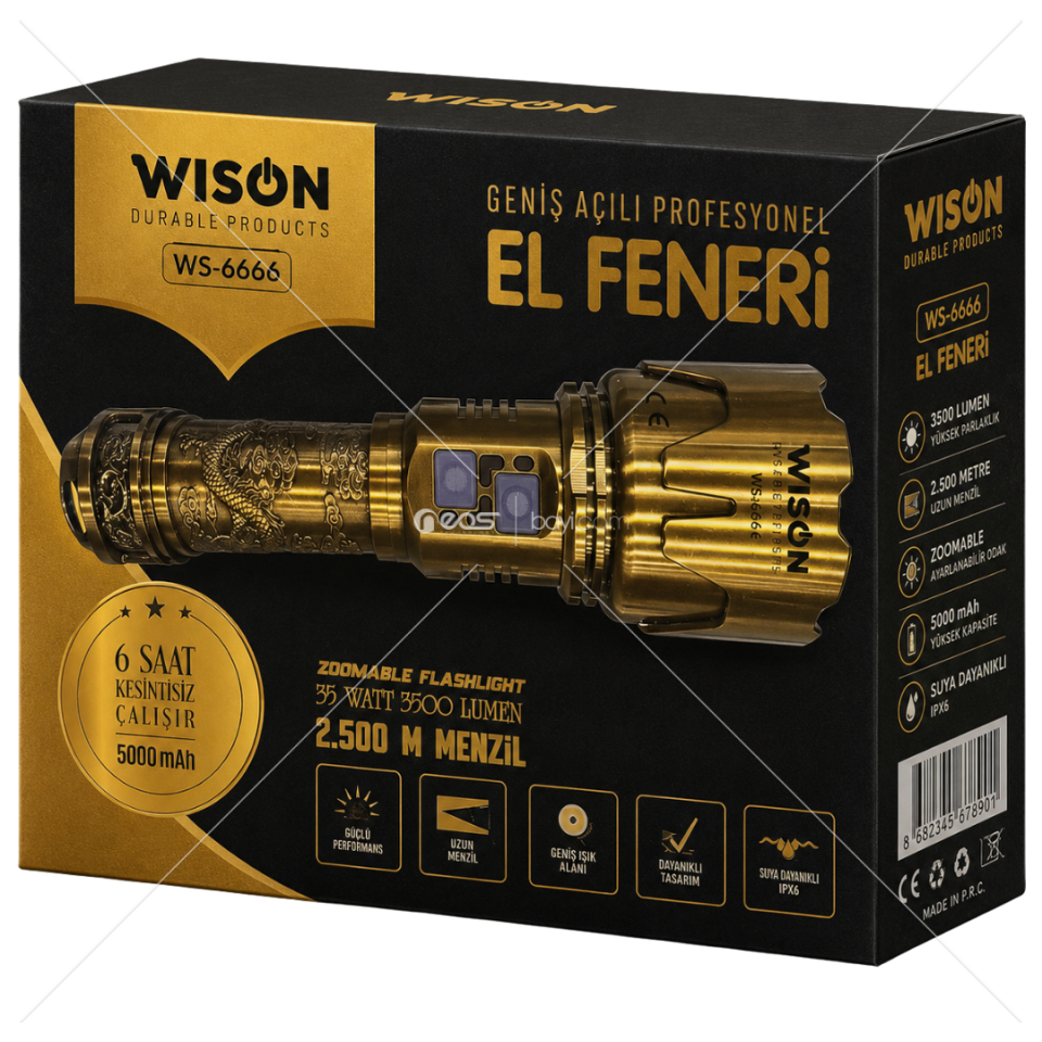 WISON WS-6666 Profesyonel Şarjlı El Feneri 3500 Lümen 2500 Metre