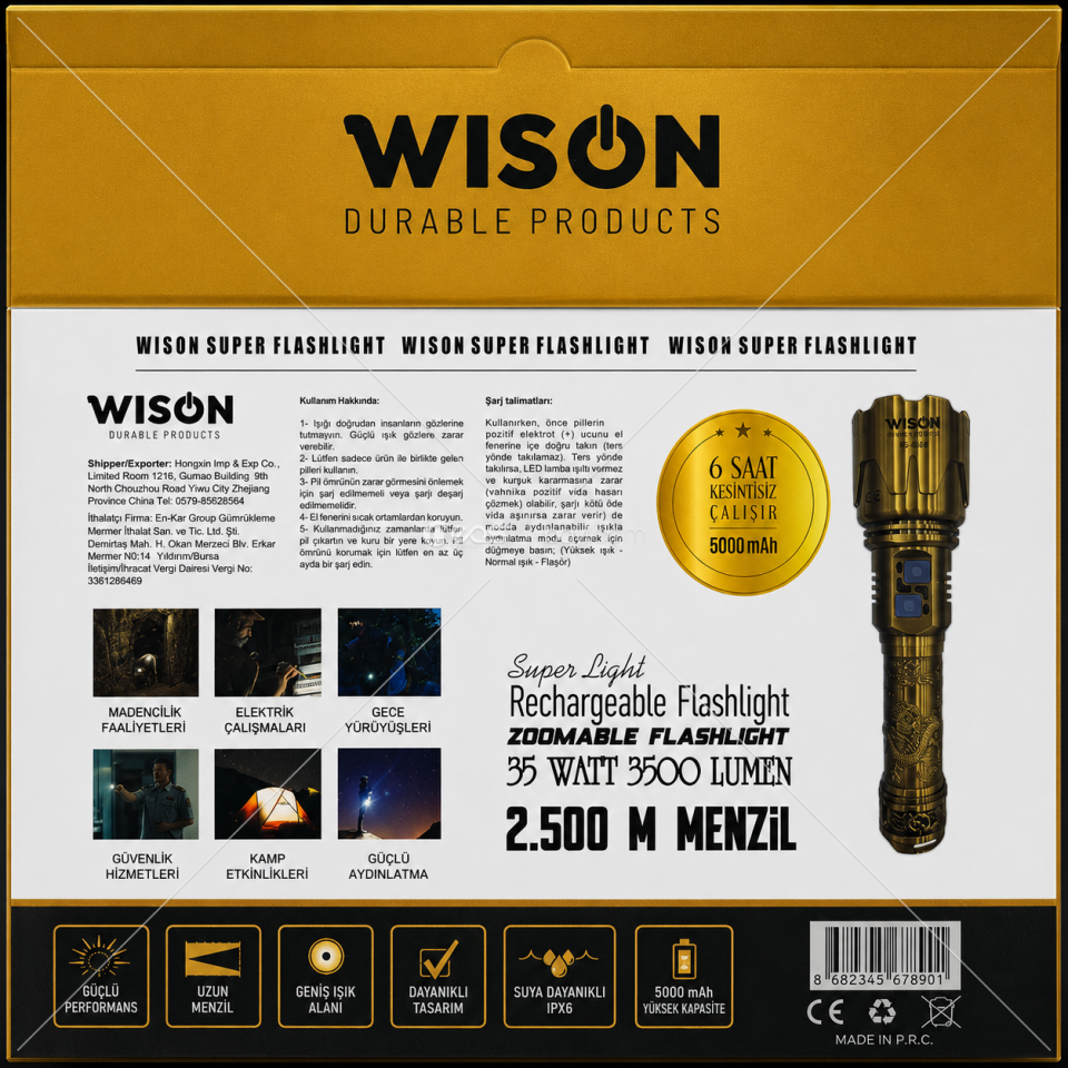 WISON WS-6666 Profesyonel Şarjlı El Feneri 3500 Lümen 2500 Metre