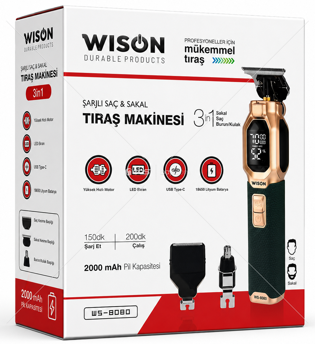 Wison WS-8080 Profesyonel Şarjlı Saç Sakal Tıraş Makinesi 3'ü 1 Arada