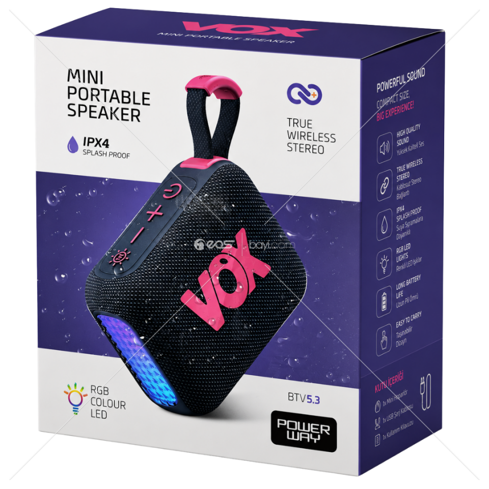 VOX BTV5.3 RGB Bluetooth Hoparlör IPX4 Suya Dayanıklı Mini Speaker