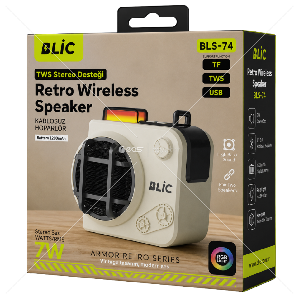BLIC BLS-74 Retro Wireless Speaker RGB Işıklı Bluetooth Hoparlör TWS Stereo 7W Taşınabilir Ses Sistemi