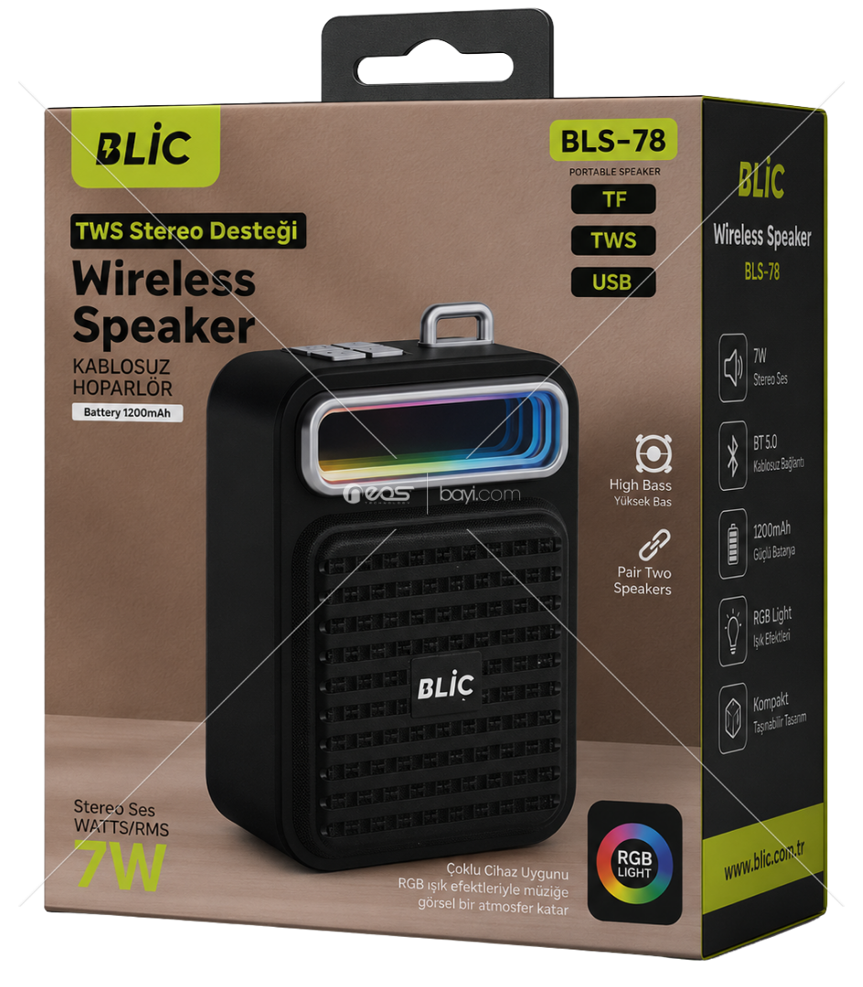 BLIC BLS-78 Retro Glow RGB Bluetooth Hoparlör – TWS Stereo, USB/TF Kart Destekli, 1200mAh Batarya, 7W Ses Gücü