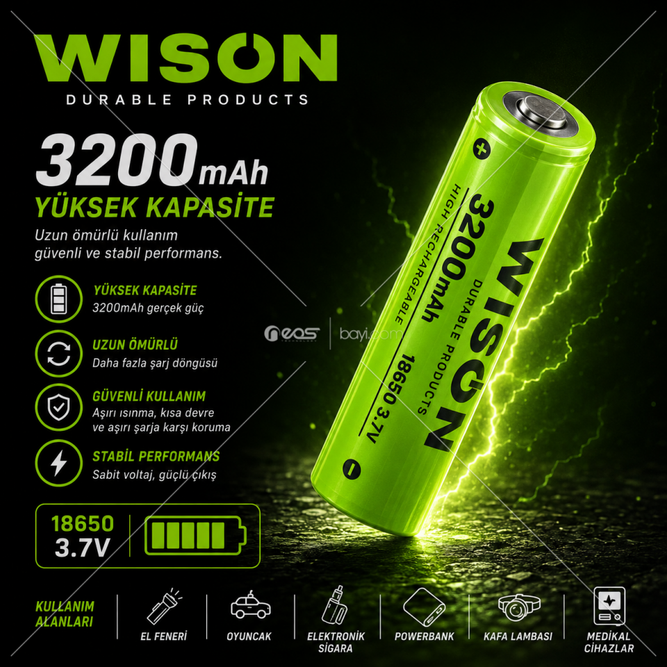 WISON 18650 3200mAh 3.7V Şarjlı Li-ion Batarya Yüksek Kapasiteli Lityum Pil