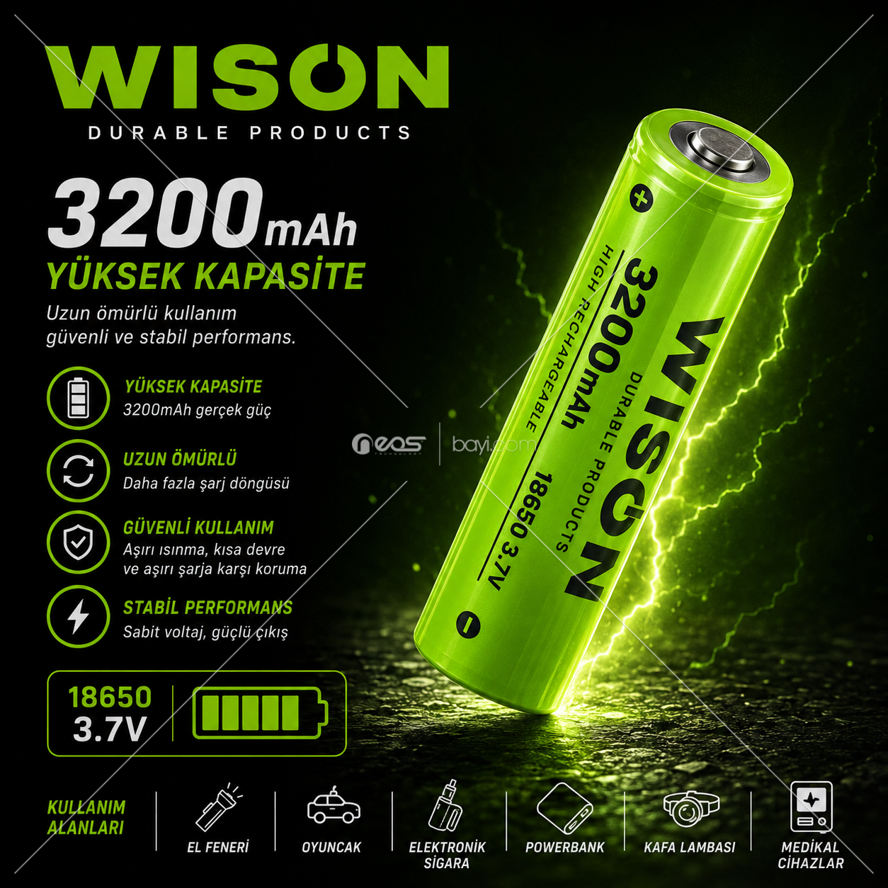 WISON 18650 3200mAh 3.7V Şarjlı Li-ion Batarya Yüksek Kapasiteli Lityum Pil