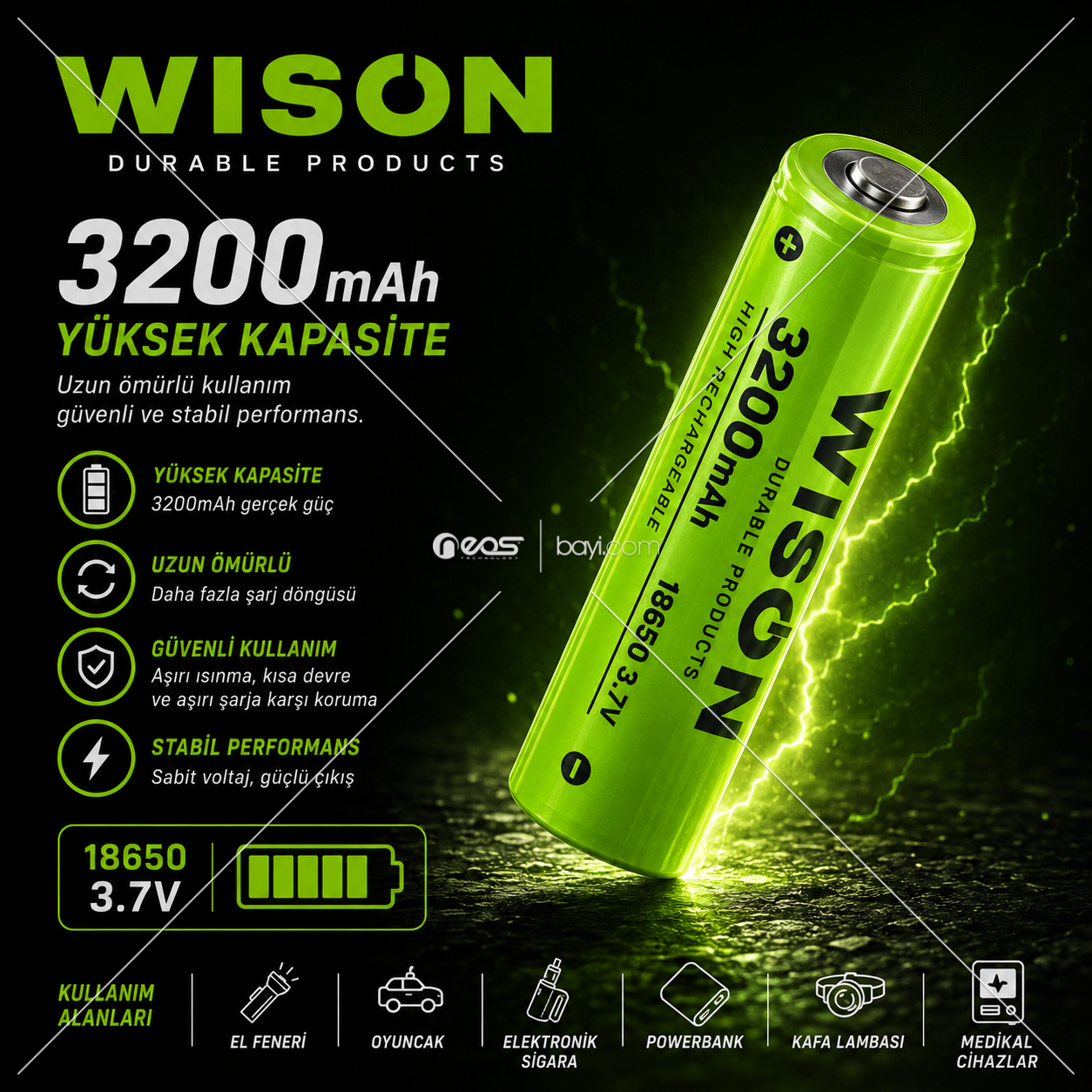 WISON 18650 2200mAh Şarjlı Batarya