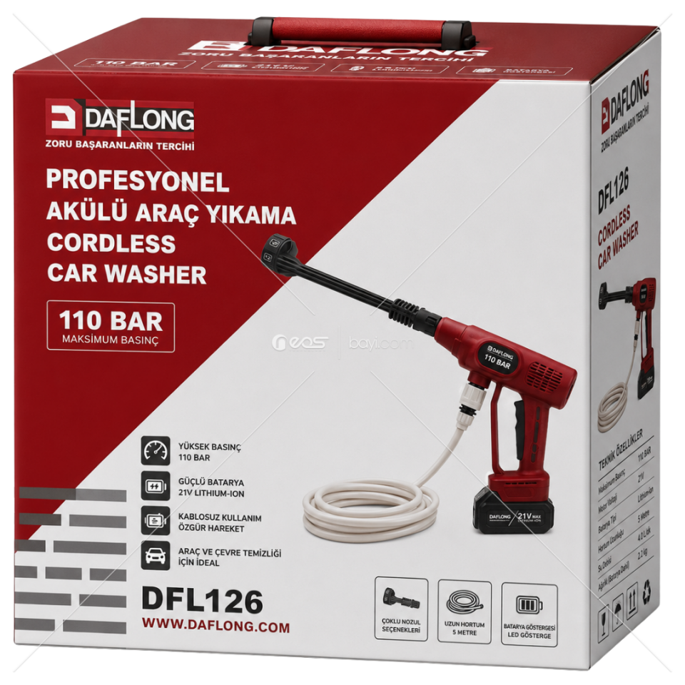 DAFLONG DFL126 110 Bar Profesyonel Akülü Basınçlı Araç Yıkama Makinesi 21V Li-Ion Bataryalı Kablosuz Oto Yıkama ve Bahçe Sulama Cihazı