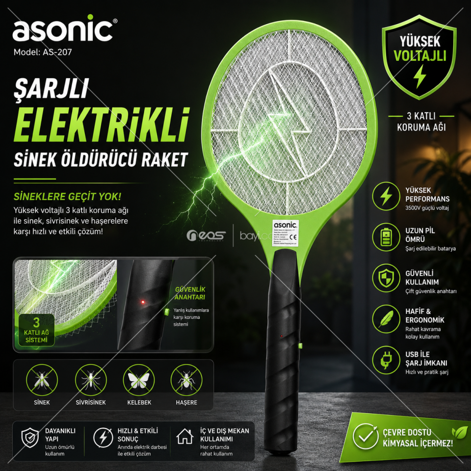 Asonic AS-A22 Yeşil Kalem Pilli 2000V Çıkış Raket Sinek Öldürücü