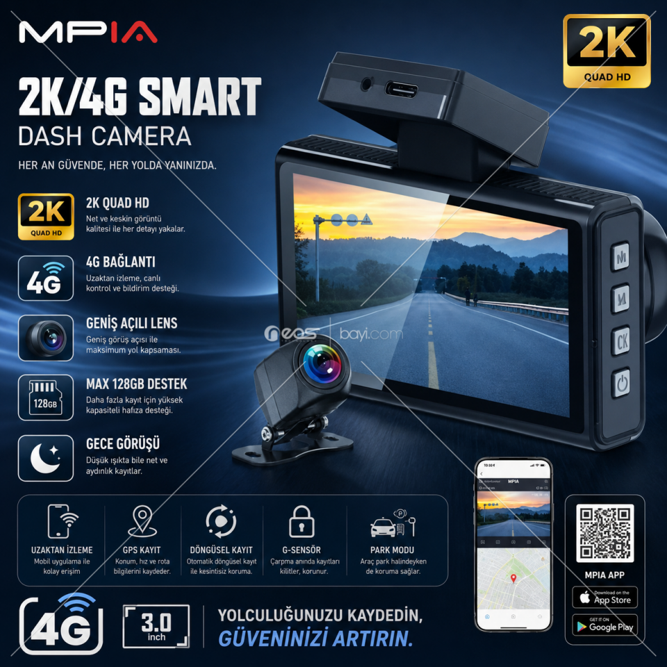 VisionTrack Pro 2K Quad HD 4G GPS Destekli Çift Kameralı Akıllı Araç Güvenlik ve Kayıt Sistemi – Uzaktan İzleme, Gece Görüşü, Park Modu, G-Sensör, 128GB Hafıza Desteği