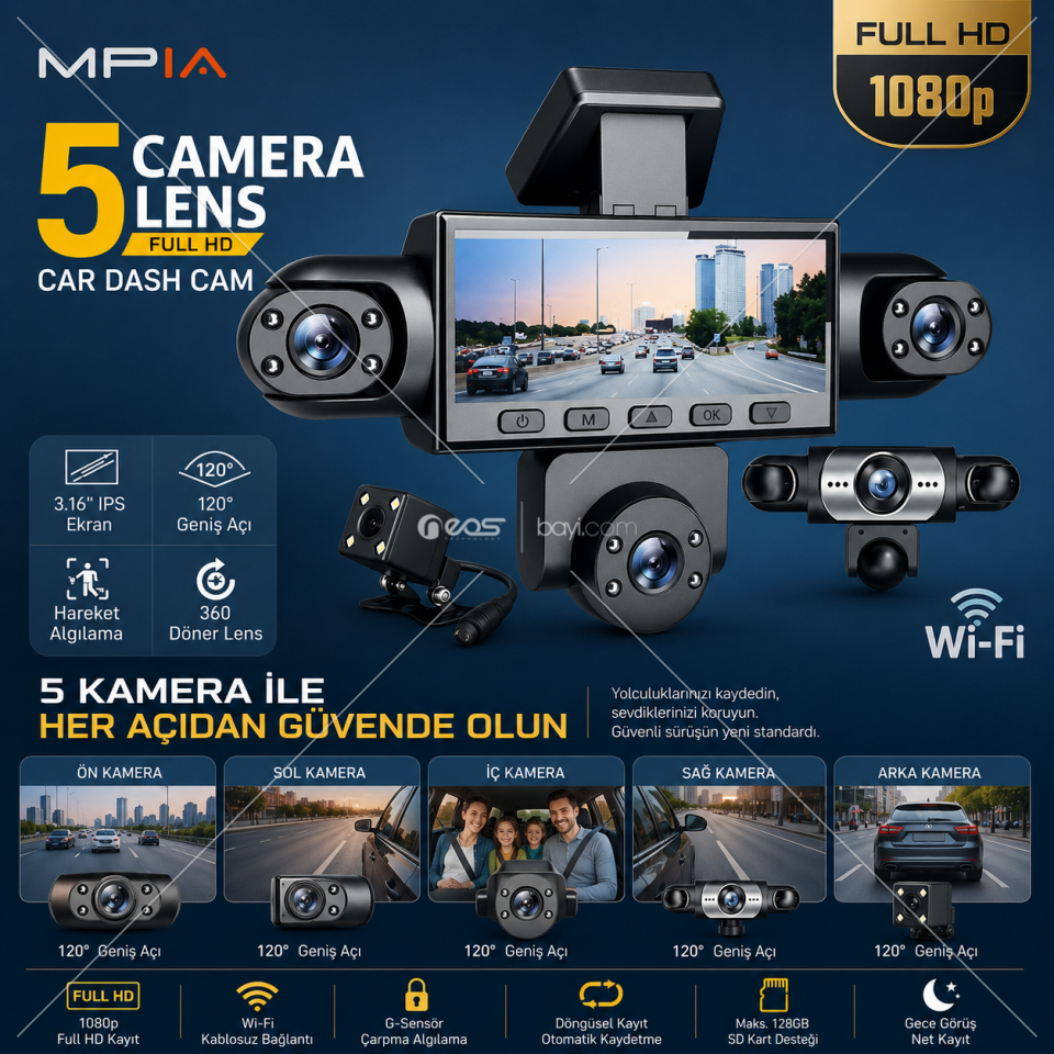Guardian 5CH Wi-Fi Full HD 1080P 5 Lensli Araç İçi ve Dışı Güvenlik Kamerası, 3.16'' IPS Ekran, 360° Döner Lens, Hareket Algılama ve Geniş Açı Kayıt Sistemi.