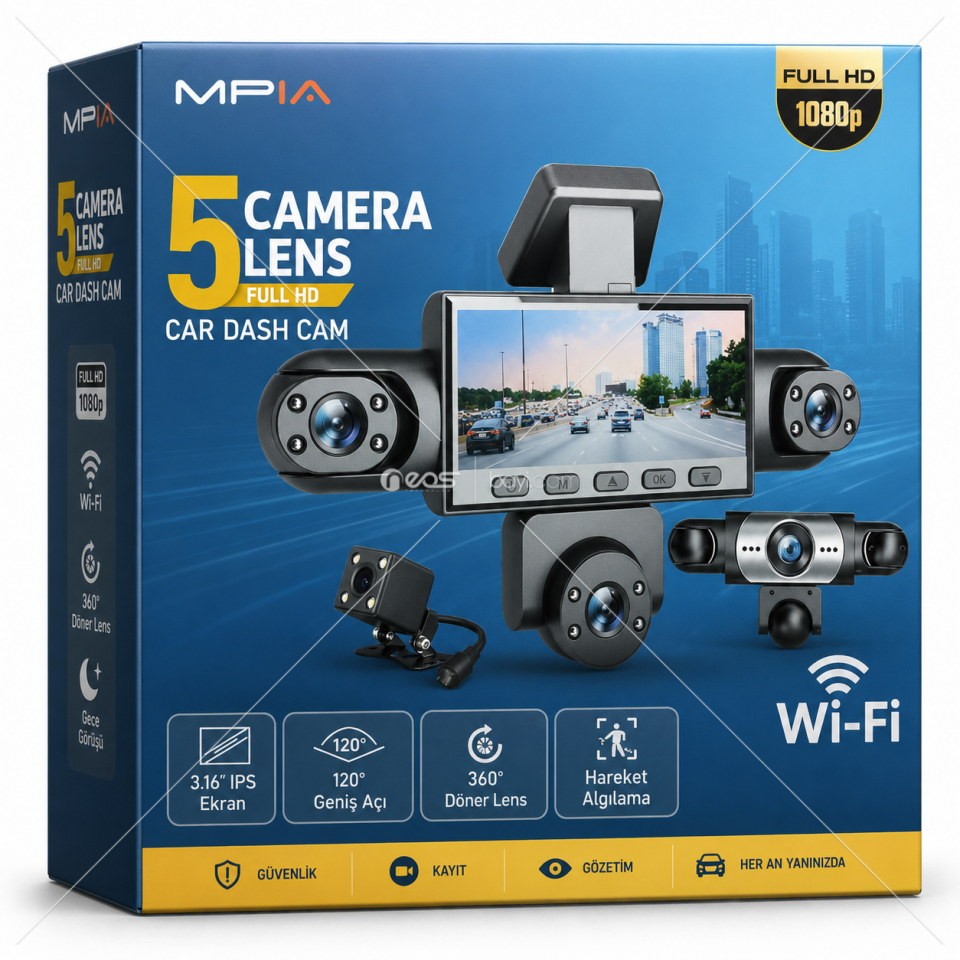 Guardian 5CH Wi-Fi Full HD 1080P 5 Lensli Araç İçi ve Dışı Güvenlik Kamerası, 3.16'' IPS Ekran, 360° Döner Lens, Hareket Algılama ve Geniş Açı Kayıt Sistemi.