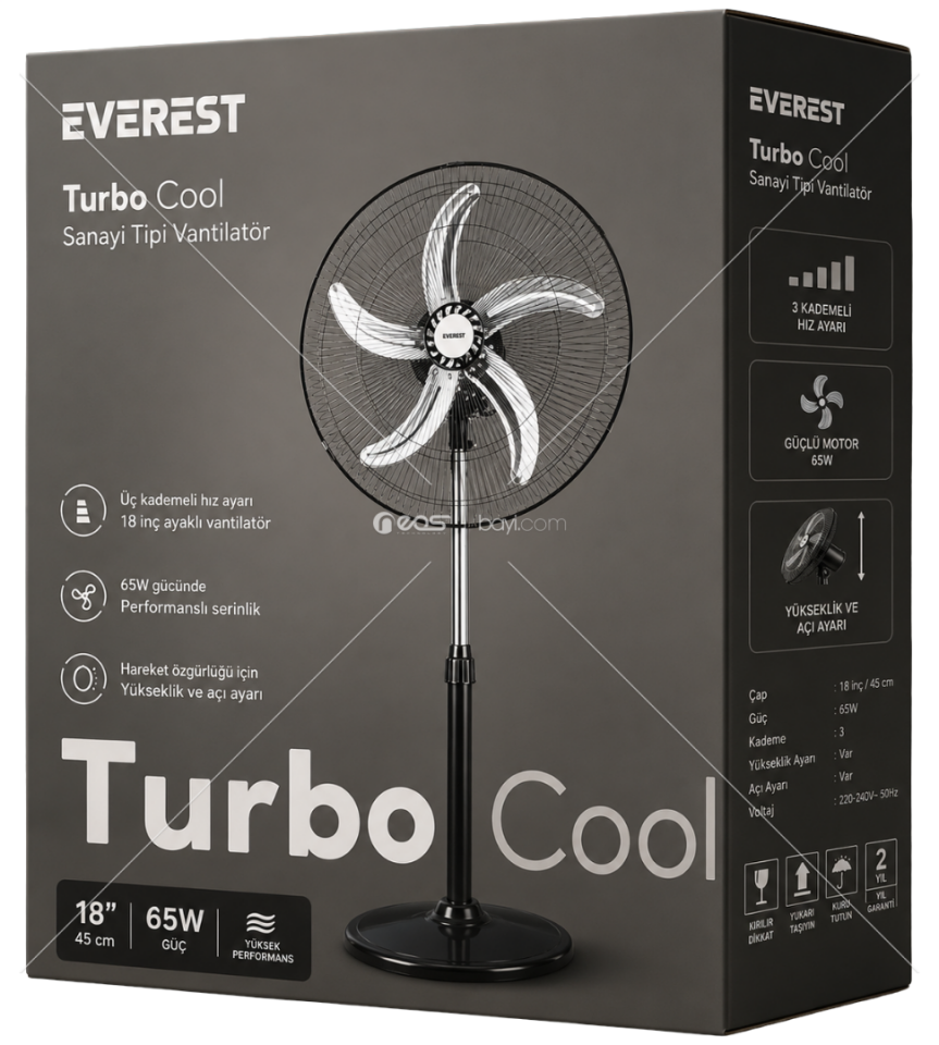 Everest FAN15 Siyah 18 65W 3 Hız Kademe 5 Kanatlı Sanayi Tipi Vantilatör/ Pervanesi