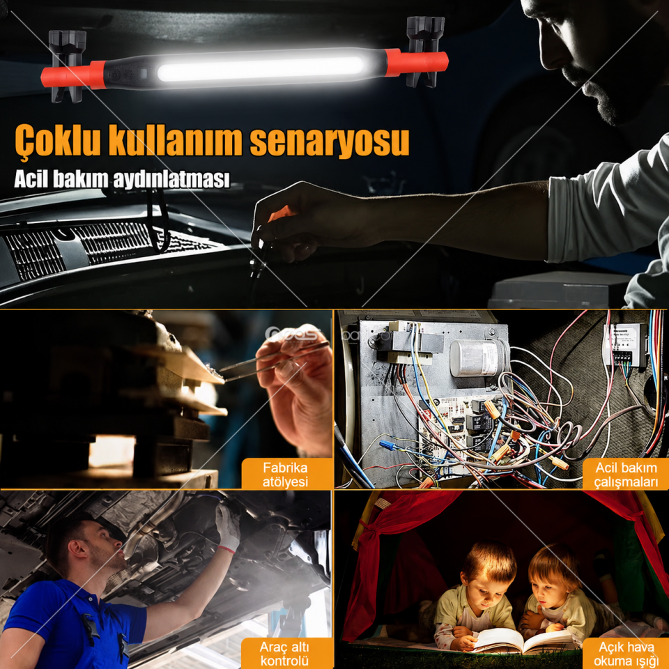 Pro COB LED Şarjlı Çalışma Lambası 4 Modlu - Manyetik Tabanlı, Kancalı, Beyaz/Kırmızı Işık, Servis Tamir Atölye ve Araç Bakım Lambası