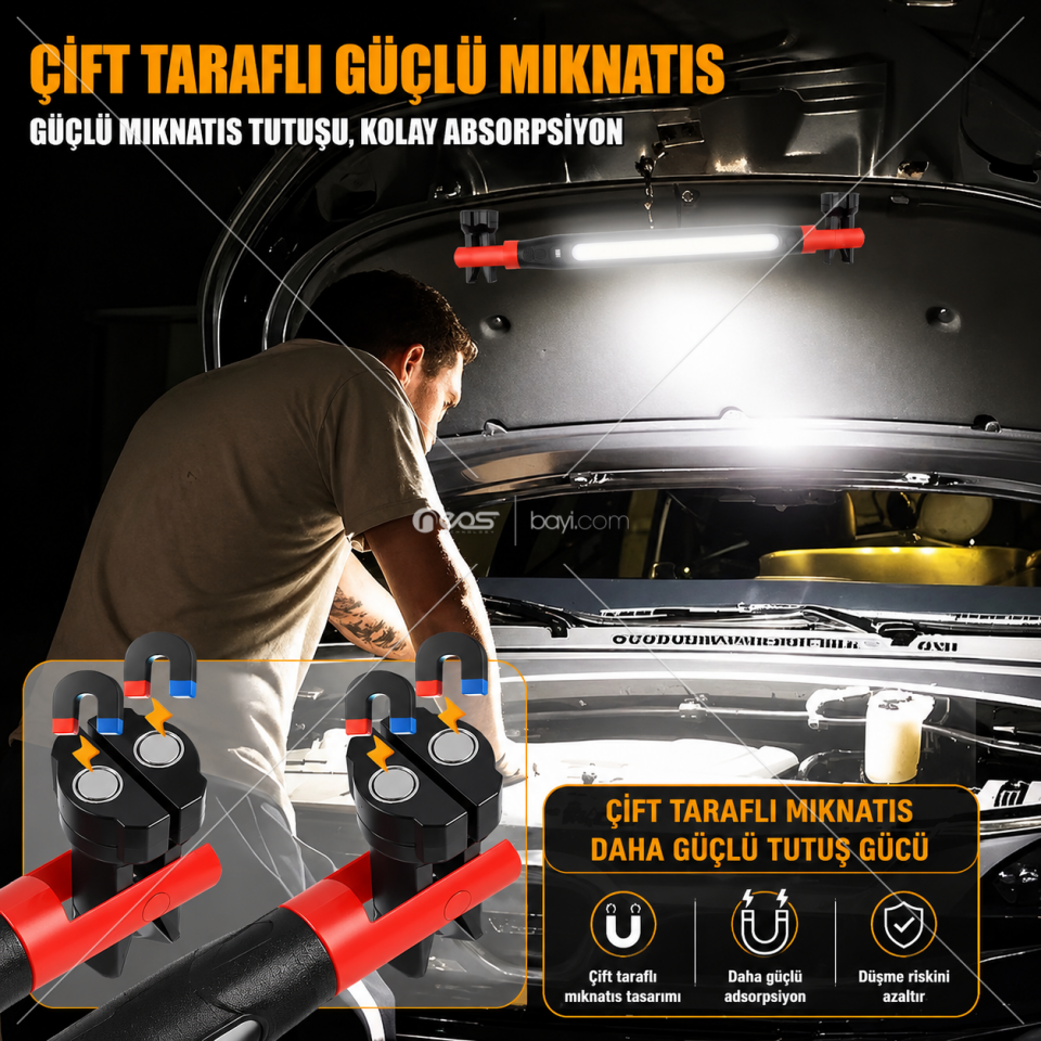 Pro COB LED Şarjlı Çalışma Lambası 4 Modlu - Manyetik Tabanlı, Kancalı, Beyaz/Kırmızı Işık, Servis Tamir Atölye ve Araç Bakım Lambası