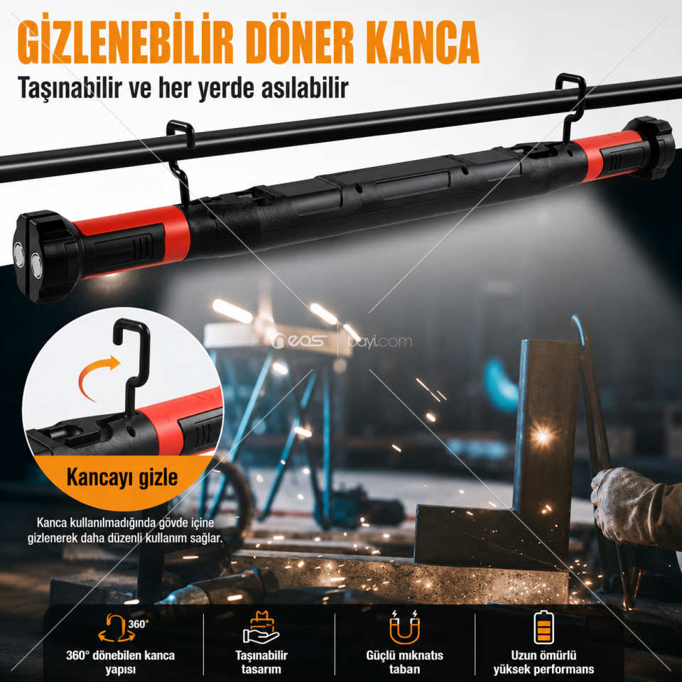 Pro COB LED Şarjlı Çalışma Lambası 4 Modlu - Manyetik Tabanlı, Kancalı, Beyaz/Kırmızı Işık, Servis Tamir Atölye ve Araç Bakım Lambası