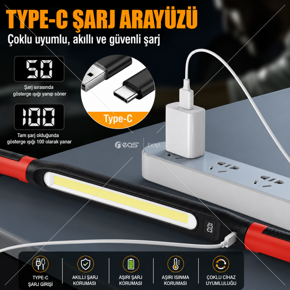 Pro COB LED Şarjlı Çalışma Lambası 4 Modlu - Manyetik Tabanlı, Kancalı, Beyaz/Kırmızı Işık, Servis Tamir Atölye ve Araç Bakım Lambası