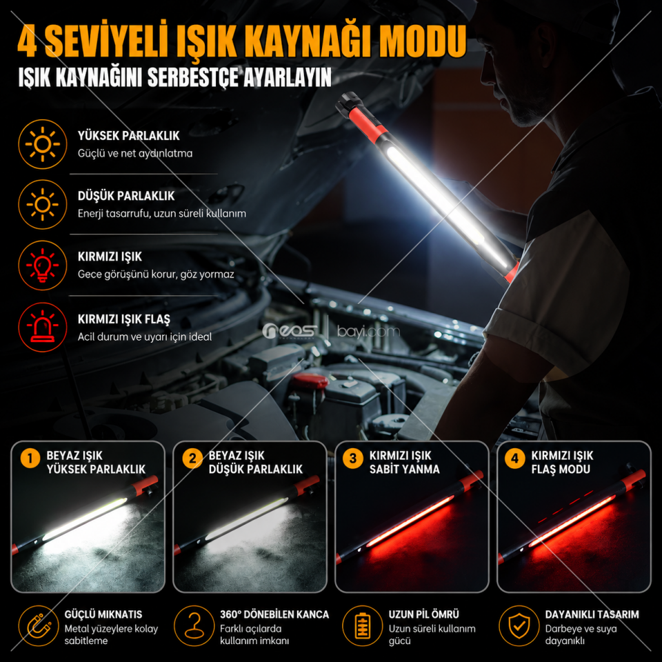 Pro COB LED Şarjlı Çalışma Lambası 4 Modlu - Manyetik Tabanlı, Kancalı, Beyaz/Kırmızı Işık, Servis Tamir Atölye ve Araç Bakım Lambası