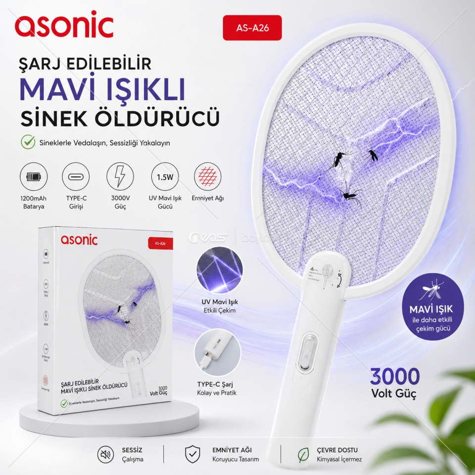 Asonic AS-A26 UV Işıklı Şarjli Katlanabilir Askılı Raket Sinek Öldürücü Beyaz 1200mAh 3000V Çıkış