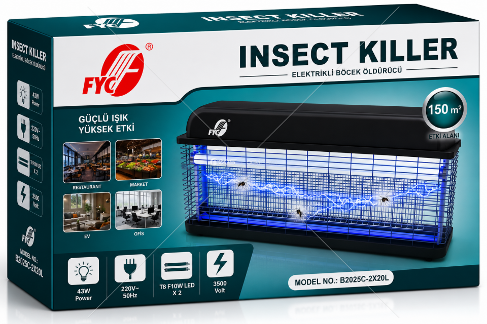 Profesyonel Elektrikli SİNEK Öldürücü 43W | 150 m² Etki Alanı | 3500V | Çift UV T8 Lamba