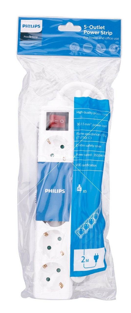Philips SPS1050A/51 2m Tam Bakır kablolu 5li Çocuk Korumalı Beyaz Priz Çoklayıcı