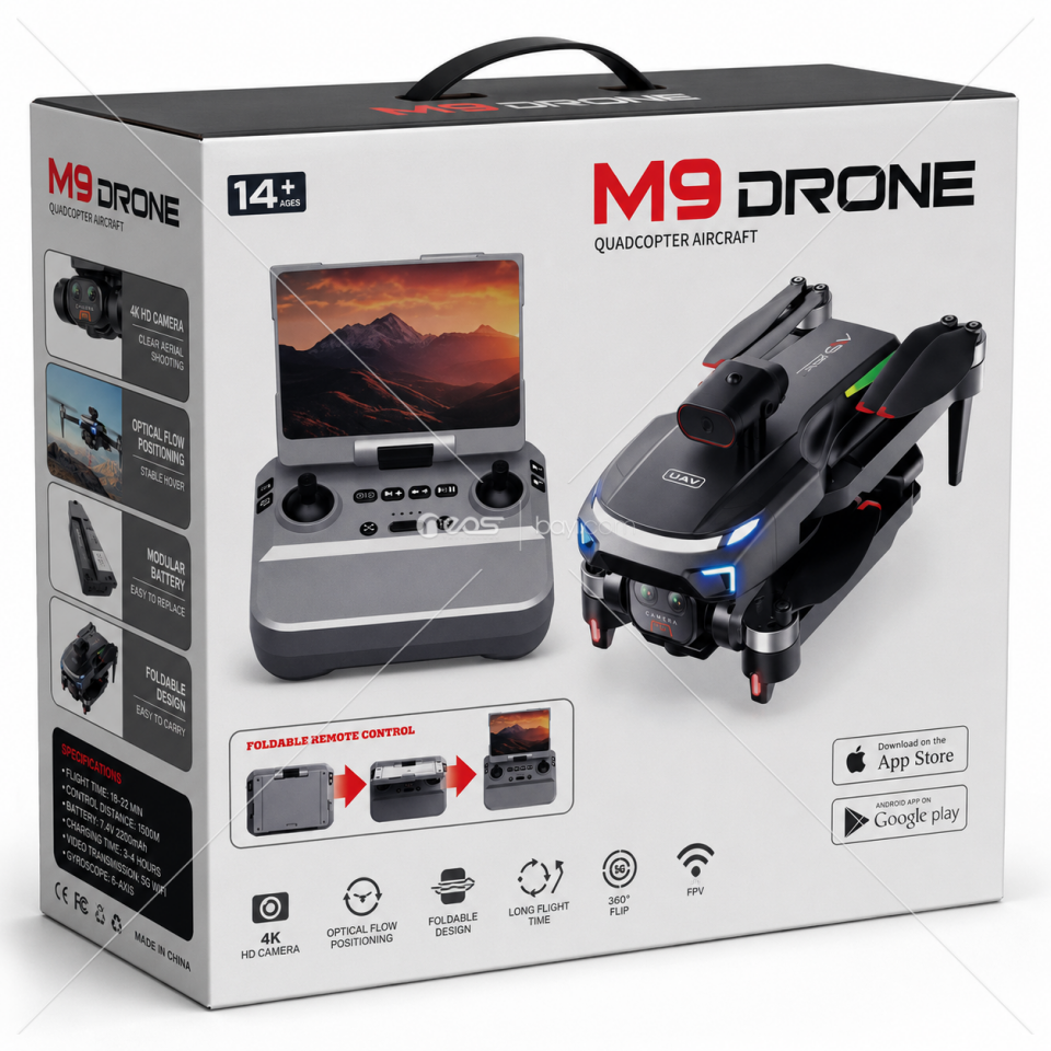 M9 Pro HD Kameralı Katlanabilir Drone – Ekranlı Kumanda, FPV Canlı Görüntü ve Optik Sabitleme