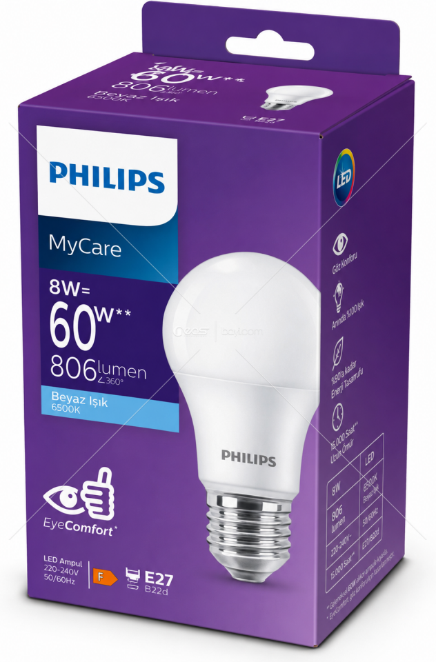 Philips MyCare 8W 60W Eşdeğer LED Ampul Beyaz Işık 6500K E27 806 Lümen