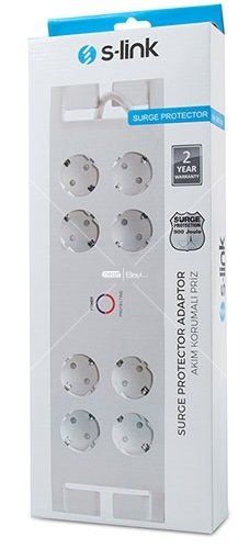 S-link SPG3080 2m 3G1.5mm2 900 Joule 8Li Akım Korumalı Beyaz Priz