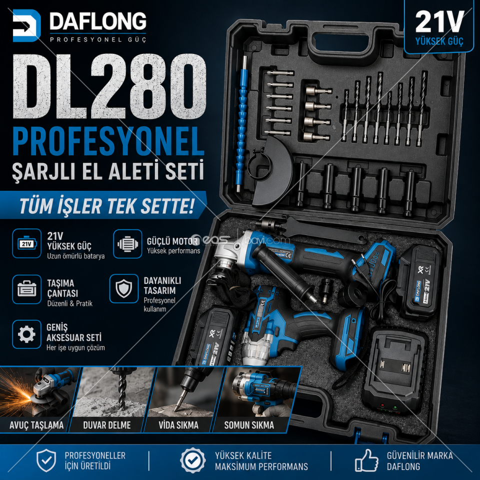 DAFLONG DL280 21V Profesyonel Şarjlı El Aleti Seti – Darbeli Matkap, Avuç Taşlama ve Çok Amaçlı Aksesuar Kiti