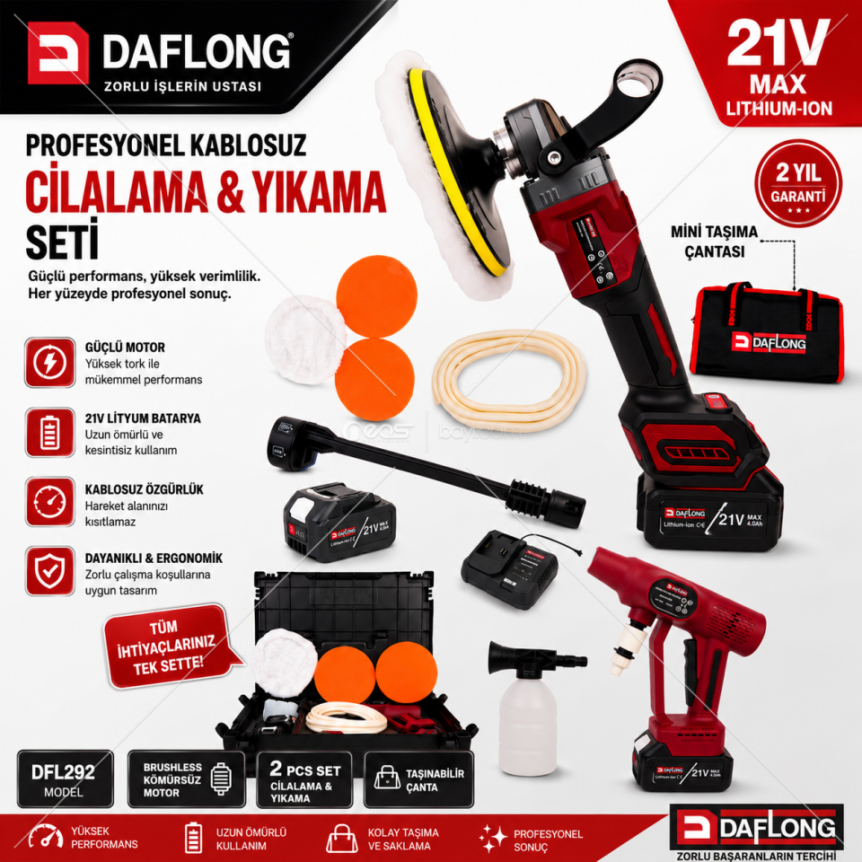 DAFLONG DFL292 21V Şarjlı Kablosuz Pasta Cila ve Basınçlı Oto Yıkama Seti 2 Bataryalı Brushless Motor