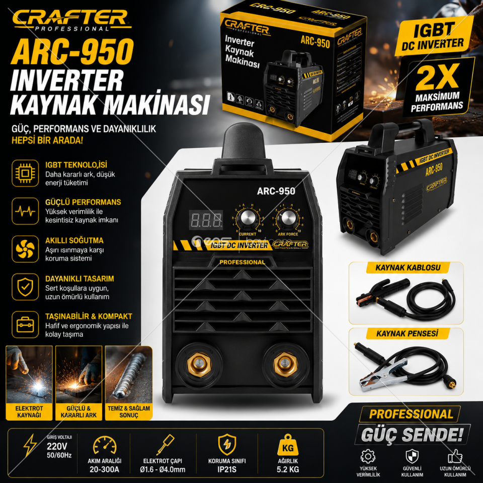 CRAFTER ARC-950 300A IGBT İnverter Kaynak Makinesi | Dijital Göstergeli, 220V, Profesyonel Elektrik Ark Kaynak Seti