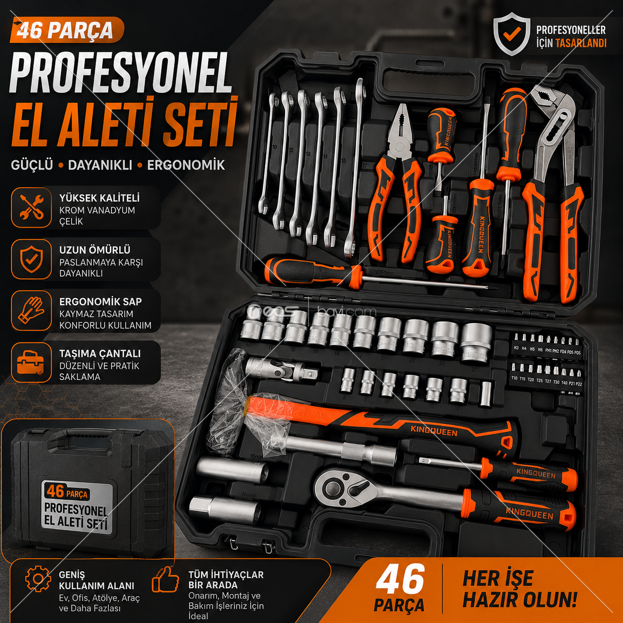 46 Parça Profesyonel Takım Çantası – Ev, Araç ve Atölye İçin Eksiksiz El Aleti Seti