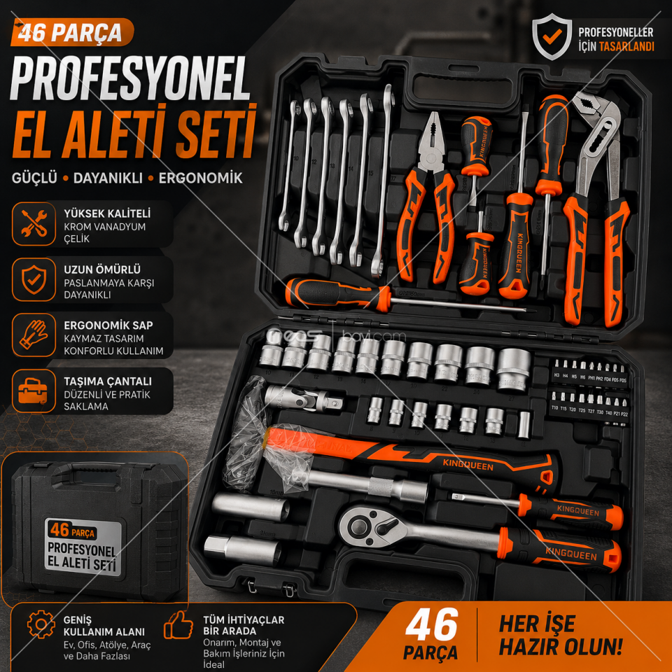 46 Parça Profesyonel Takım Çantası – Ev, Araç ve Atölye İçin Eksiksiz El Aleti Seti