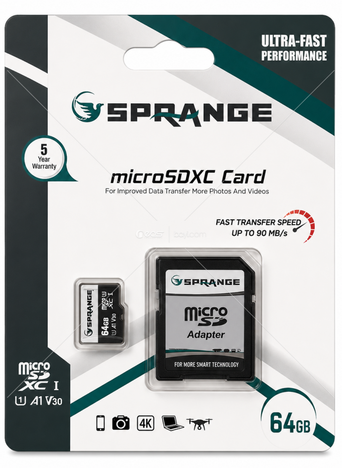 SPRANGE 64GB microSDXC Hafıza Kartı U3 A1 V30 90MB/s 4K Ultra HD SD Adaptörlü